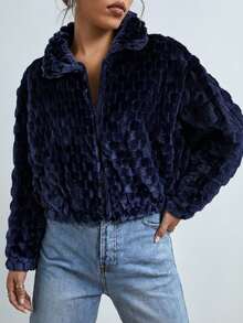 Chamarra de invinero ligera para  mujer corta tejido ligero peluche sintético texturizado cierre frontal cuello camisero manga larga diseño cálido estilo moderno ligera ideal invierno casual - Azul Marino - Ver 3