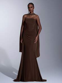 Elitara 优雅雪纺面料绿色无肩带修身鱼尾低腰褶皱侧边垂褶荷叶边连衣裙（可拆卸，多穿法）适合约会、度假、婚礼、购物、日常活动、伴娘礼服 - 咖啡棕 - 查看 4