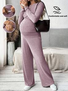 MaterniWear Round Neck Long Sleeve Knit T-Shirt And Adjustable Waist Straight Leg Pants, Women Straight Pants Autumn Set, Loose Fit Set, Suitable For Baby Shower Gift Pregnancy Clothing Two Piece Set Women Comfy Maternity Pants Maternity Jumpsuits For Woman Maternity 2 Piece Set - Pink - View 1