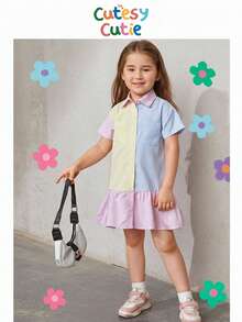 SHEIN Toddler Girls Vertical Striped Colourblock Dual Pocket Ruffle Hem Smock Dress - Multicolor - View 1