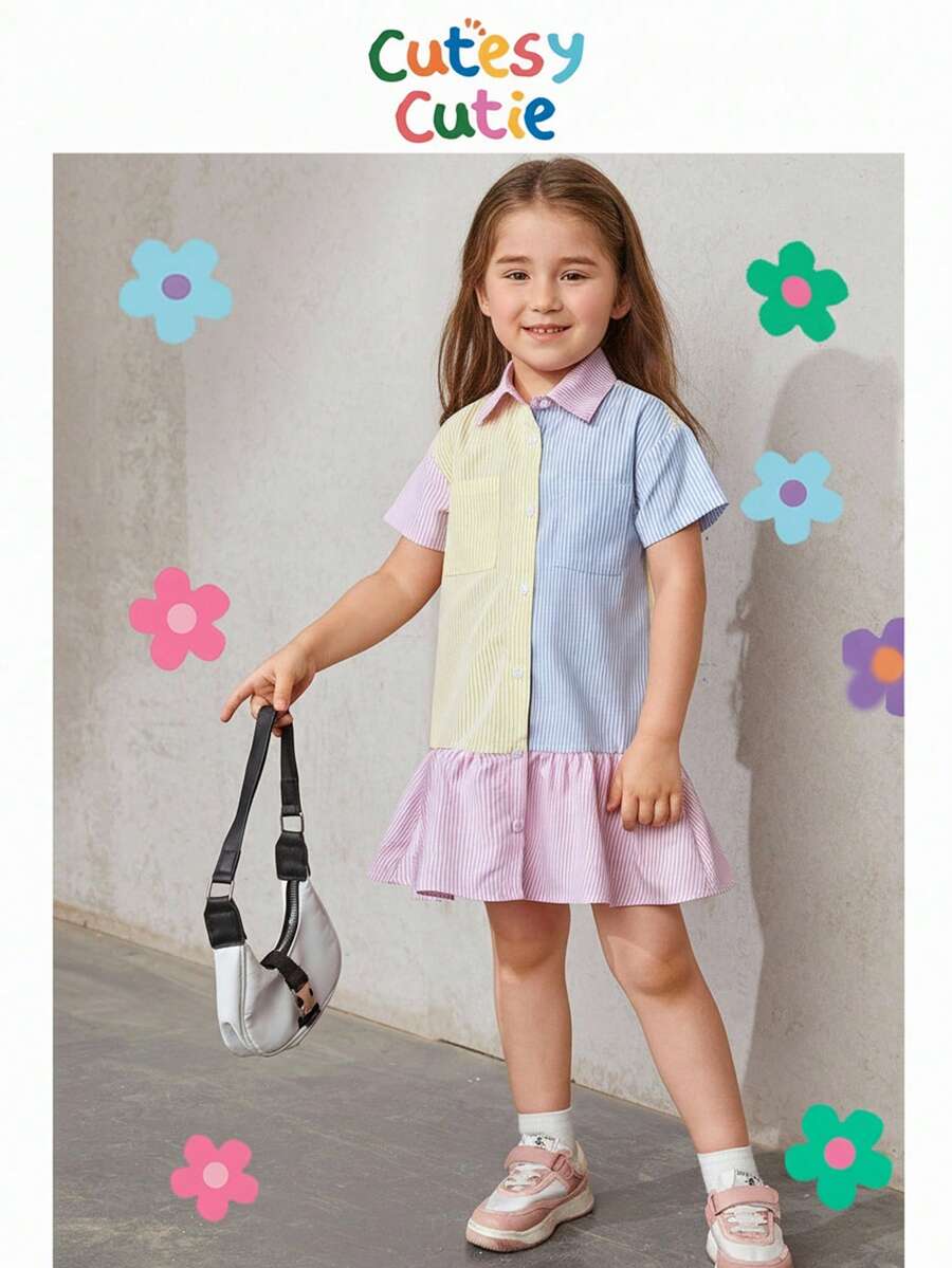 SHEIN Toddler Girls Vertical Striped Colourblock Dual Pocket Ruffle Hem Smock Dress - Multicolor - View 1