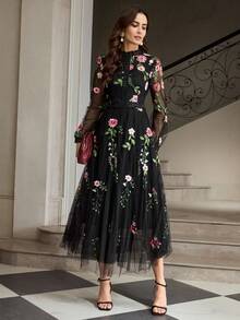 ZEYLAH Váy dài tay thanh lịch thêu hoa và ren chắp vá - Hồng - Xem 5