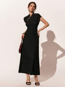 Poéselle Đầm dài vừa phải tay bồng trang trí khóa kim loại thanh lịch cho nữ - màu đen - Xem 5