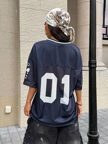 SHEIN EZwear Casual Sports Color-Block Loose Short Sleeve T-Shirt With Digital Print And Drop Shoulders - Navy Blue - View 2