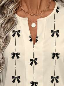 EMERY ROSE 休闲复古优雅通勤百搭保暖可爱卡其色蝴蝶结印花V领长泡泡袖女式衬衫，适合春秋季穿着，舒适百搭。 - 彩色 - 查看 8