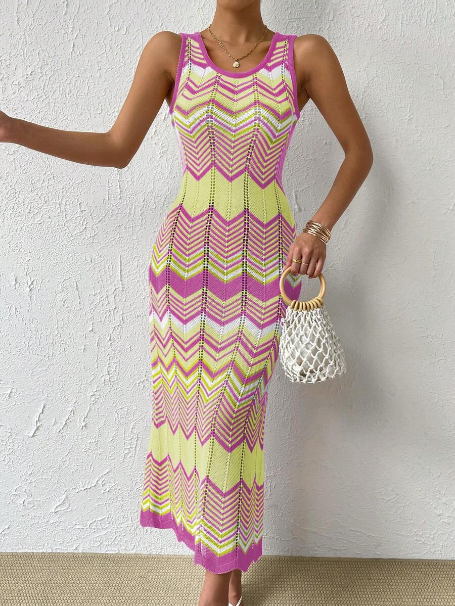 EMERY ROSE Women's Casual Vacation Style Colorblock Zigzag Pattern Fitted Sleeveless Sweater Dress - Multicolor - View 1