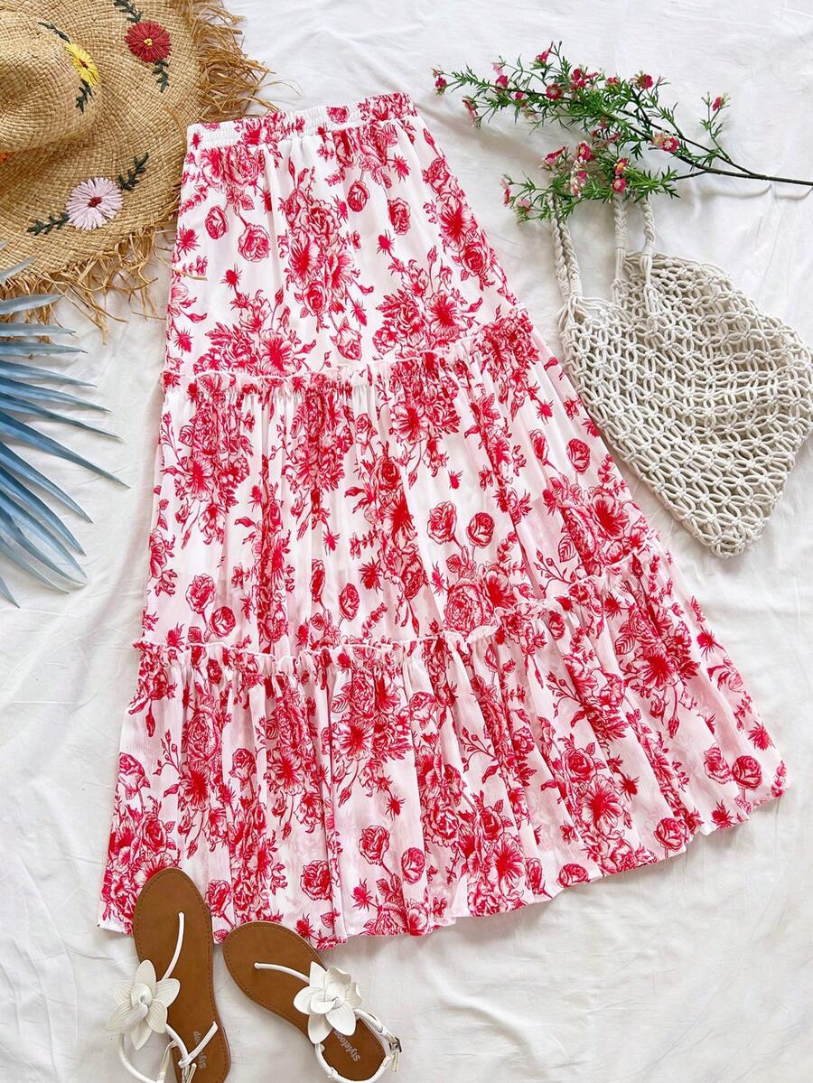 Soleia Chân váy chữ A xếp tầng cạp cao họa tiết hoa lãng mạn dành cho nữ, thích hợp cho kỳ nghỉ, lễ tốt nghiệp, đám cưới Chân váy dài họa tiết hoa mùa hè Cottagecore - Đỏ và trắng - Xem 1