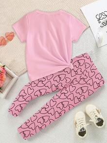 SHEIN Playful Pals 夏秋季女童休闲时尚创意个性清新可爱简约线条爱心印花舒适基础款短袖T恤和打底裤两件套，舒适日常穿着 - 彩色 - 查看 2