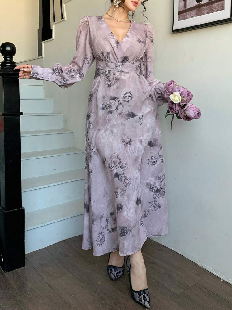 Women's V-Neck Wrap-Style Tie-Up Floral Print Elegant Mid-Length Dress Maxi Dress Sundress