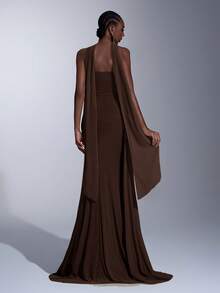 Elitara 优雅雪纺面料绿色无肩带修身鱼尾低腰褶皱侧边垂褶荷叶边连衣裙（可拆卸，多穿法）适合约会、度假、婚礼、购物、日常活动、伴娘礼服 - 咖啡棕 - 查看 3