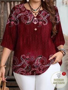 EMERY ROSE 复古图案加大码女式休闲宽松圆领七分袖衬衫，秋冬时尚女式衬衫 - 彩色 - 查看 1