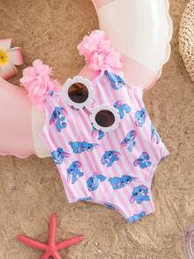 SHEIN 女婴无袖兔子印花3D花卉装饰连体泳衣，夏季 - 粉色 - 查看 9