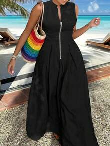 INAWLY Solva Sleeveless Solid Color Zipper Dress, Minimalist & Fashionable For Summer - Black - View 1