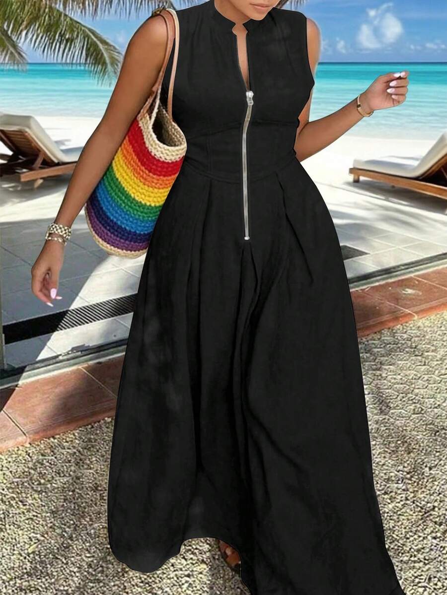 INAWLY Solva Sleeveless Solid Color Zipper Dress, Minimalist & Fashionable For Summer - Black - View 1
