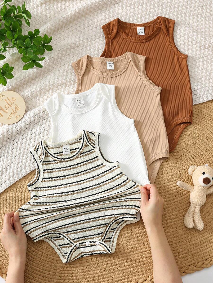 SHEIN 4pcs Newborn Baby Boy Casual Cute Knitted Striped Khaki Sleeveless Bodysuit Set - Multicolor - View 1