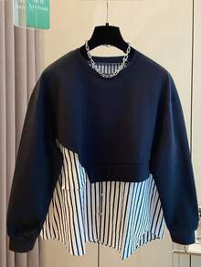 SHEIN Áo nỉ cổ tròn tay dài họa tiết sọc dọc trơn màu dành cho nữ - Màu xanh hải quân - Xem 4