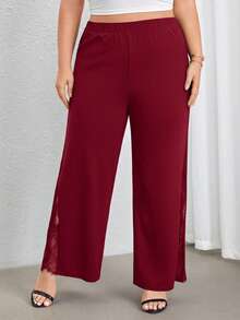 SHEIN PETITE CURVE Celana Panjang Hitam Elegan Ukuran Besar dengan Potongan Lebar Pinggang Tinggi, Belahan Samping, dan Panel Renda Transparan, Sempurna untuk Pemakaian Sehari-hari dan Perjalanan Kerja, Celana Panjang Ukuran Besar Musim Semi/Panas Warna Burgundy - Burgundy - View 4