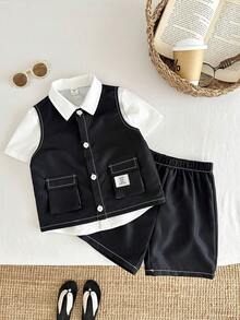 3pcs/Set Young Boy Korean Style Casual Collared Short Sleeve Shirt, Contrast Stitching Loose Vest, And Elastic Waist Shorts Set, Suitable For Commuting, School, Daily Leisure - Black and White - View 2