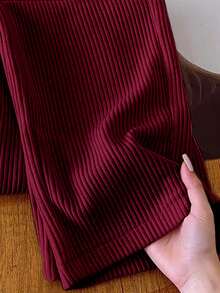 Resyla Women's Solid Color Elastic Waist Pockets Wide Leg Loose Casual Corduroy Pants - Flame scarlet - View 3