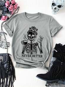 EMERY ROSE 咖啡骷髅女孩字母标语圆领短袖时尚大码女式T恤 - 淺灰色 - 查看 3