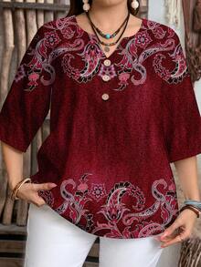 EMERY ROSE 复古图案加大码女式休闲宽松圆领七分袖衬衫，秋冬时尚女式衬衫 - 彩色 - 查看 5