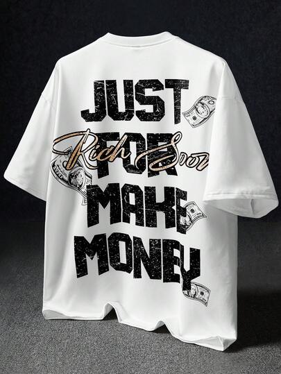 Manfinity EMRG Men's Street-Style Popular Dollar Bill & Music Element Graphic White T-Shirt, Suitable For Outdoor Music Festival, Casual Wear, Gifts For Boyfriend/Husband, Anniversary Money Graphic Tee, Rich Soon T-Shirt, Rapper Graphic Tees