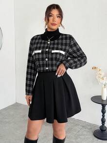 Firerie Plus Size Women's Elegant Commuter Workwear Sophisticated High-End Afternoon Tea Slightly Sexy Date Music Concert Collegiate Vintage Black & White Plaid Print Long Sleeve Jacket & Pleated Mini Skirt, Back To School Outfit Flannel Wednesday Addams In Fall/Winter