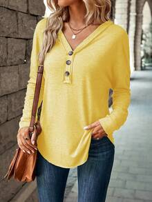 EMERY ROSE Women's Solid Color Button Design V-Neck Long Sleeve Casual T-Shirt - Yellow - View 3