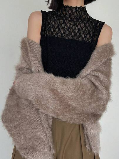 FRIFUL Women's Solid Color Lace Fabric Mock Neck Sleeveless Casual Versatile Tank Top, Autumn/Winter