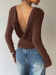 Siren Gaze Áo thun tay dài dáng rộng, dáng chữ V sâu, xếp ly màu trơn thời trang dành cho nữ - Cà phê nâu - Xem 6