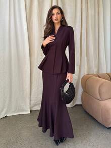 Aloruh 女士酒红色褶皱腰身长袖西装外套和铅笔裙套装，两件套 - 酒紅色 - 查看 3