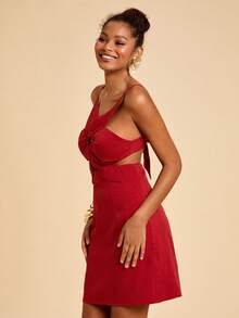 Travachic Đầm slip hở lưng khoét họa tiết hoa 3D màu trơn, thích hợp cho kỳ nghỉ lễ hội, trang phục mùa hè. - Đỏ - Xem 5