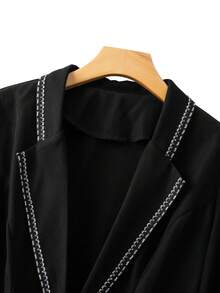 GlowEve CURVE Plus Size Women's Solid Color Rhinestone Collar Waist Fitted 3/4 Sleeve Blazer Jacket, Suitable For Business, Party, Wedding - Black - View 3