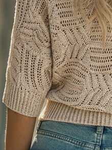 EMERY ROSE 女士镂空罗纹圆领插肩袖套头毛衣，时尚休闲，适合春、夏、秋、冬四季穿着。 - 杏色 - 查看 6