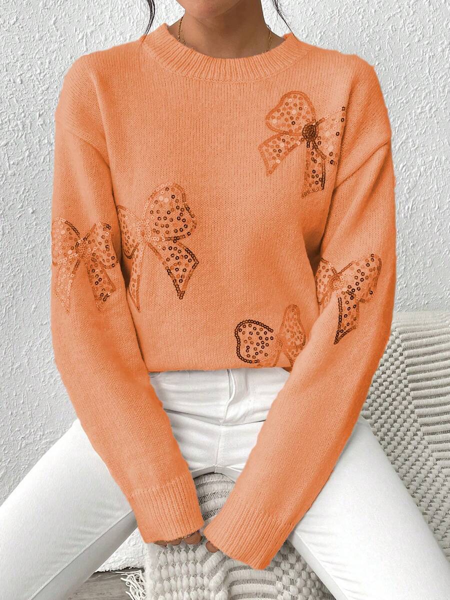 EMERY ROSE Áo chui đầu cổ tròn thu/đông, áo len thêu hạt bướm màu hồng - trái cam - Xem 1