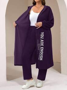 Veilorie Bộ 2 món/Bộ áo khoác hoodie và quần dài in khẩu hiệu thường ngày cỡ lớn, bộ trang phục mùa thu 2 món - Màu tím - Xem 5