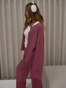 MUSERA Button Down Cuff Detail Boxy Fit Knit Cardigan Classy Cute Sexy Streetwear Night Out Winter Party Evening Party Elegant Spring - Red Violet - View 4