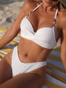 Swim Lushoire 女士成熟优雅纯色性感夏季沙滩简约休闲度假百搭褶皱纹理挂脖泳衣上装搭配高腰比基尼泳裤，两件套，弹性面料亲肤舒适，适合度假（适合春假、假期、春季、海滩、度假）。纹理比基尼两件套沙滩套装，贝壳比基尼套装 - 白色 - 查看 1