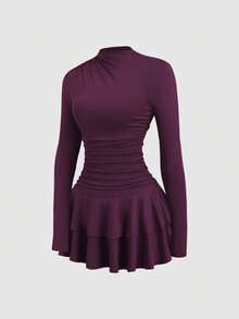 vintage de manga larga, cuello alto y cintura fruncida en color rojo para mujer, otoño/invierno - Rojo violeta - Ver 3