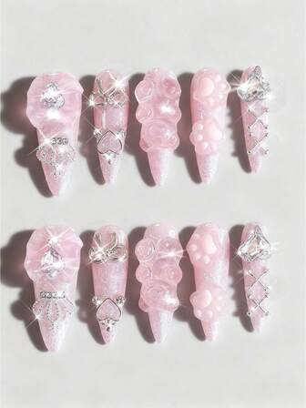 Kawaii 10pcs Cute Style Bear Handmade False Nails + 3pcs Double-Sided Tape, Removable Y2K Bow Hand-Painted Nail Stickers, High-Quality Color Block Nail Art, Suitable For Festival Parties, Dance And Daily Wear ,Pink