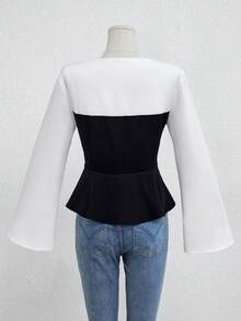 Qadelle Black & White Contrast Color Bell Sleeve Elegant Casual Commute Wear Button Up Blouse For Women, Autumn/Winter/Spring - Multicolor - View 4