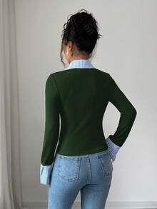 SHEIN Unity 女款優雅拼接條紋收腰長袖上衣 - 墨綠色 - 查看 2