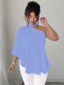 SHEIN Elenzya 大码斜领露背扎染印花衬衫 - 藍色 - 查看 3
