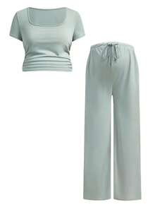 SHEIN 2 pezzi Set casual di maglietta a maniche corte con scollo quadrato e arricciature e pantaloni con vita con coulisse, colore tinta unita, per gravidanza - Verde - Visualizzare 12