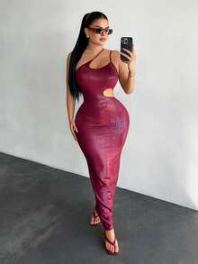 SHEIN SXY 女士仿鳄鱼纹无袖镂空修身长裙 - 酒紅色 - 查看 5