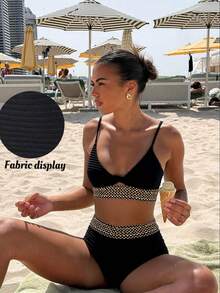 Swim Vcay Summer Beach Women Vacation Splice Woven Strap Simple And Fashionable Bikini Set With Separable Bikini Set - Black - View 7