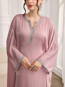 Al Najma Women's Contrast Trim Lace Patchwork Keyhole Neck Elegant Long Sleeve Turkish & Arabic Traditional Maxi Dress Kaftan Jalabiya Dress - Pink - View 1