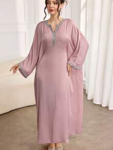 Al Najma Women's Contrast Trim Lace Patchwork Keyhole Neck Elegant Long Sleeve Turkish & Arabic Traditional Maxi Dress Kaftan Jalabiya Dress - Pink - View 4