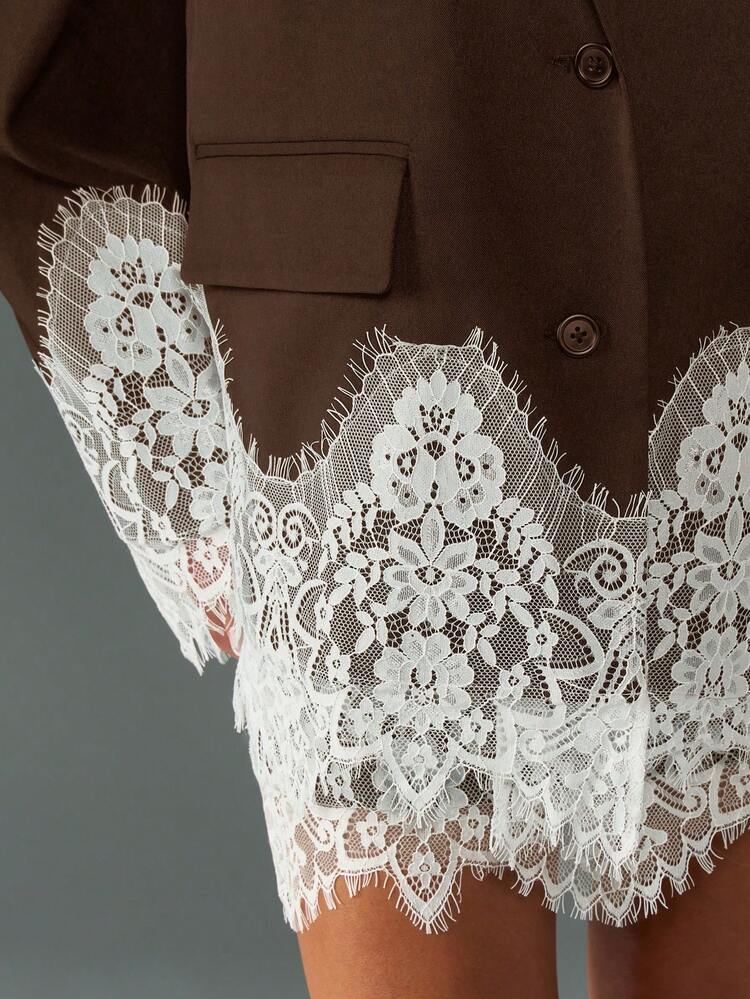 MISSGUIDED Blazer structuré à coupe boîte avec détails de garniture en dentelle décorative. Tenue de travail professionnelle de bureau, veste d'affaires formelle