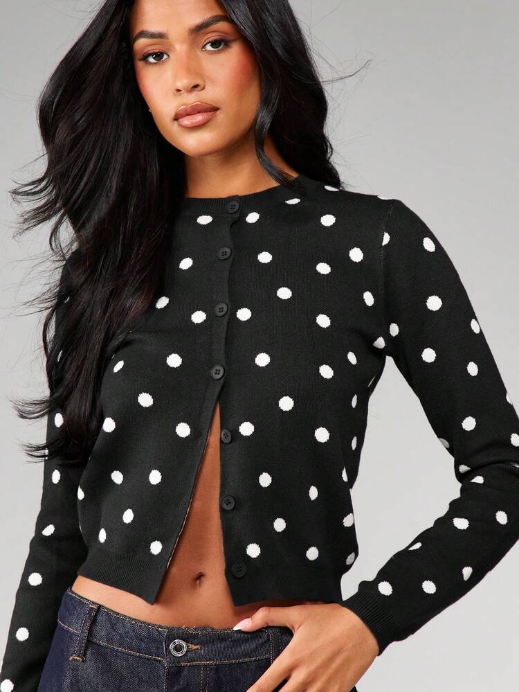 MISSGUIDED Áo len cardigan chấm bi cài nút phía trước, áo len dệt kim Jacquard ngắn tay, cổ tròn, phong cách cổ điển, thu đông - màu đen - Xem 3